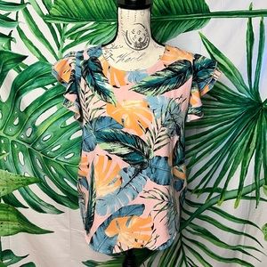 Boutique Milk & Honey M Pink Green Tropical Leaf Print Flutter Sleeve Spring Top